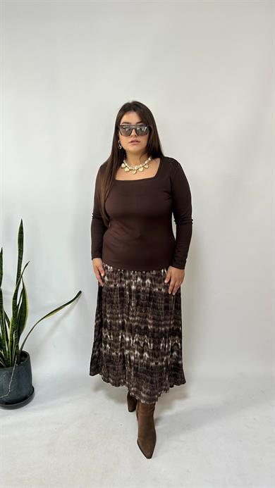 Kahve Kare Yaka Modal Kumaş Bluz 