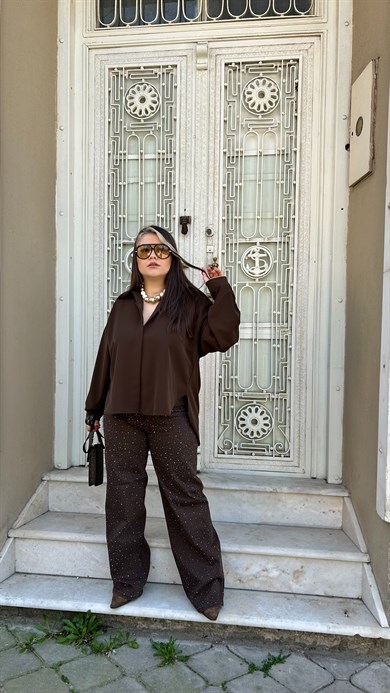 Kahve Taş Detaylı Palazzo Jean 