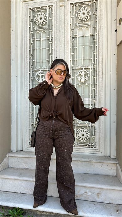 Kahve Taş Detaylı Palazzo Jean 