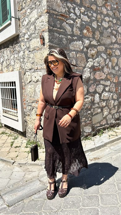 Kahve Vatkalı Blazer Yelek