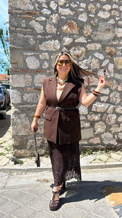 Kahve Vatkalı Blazer Yelek