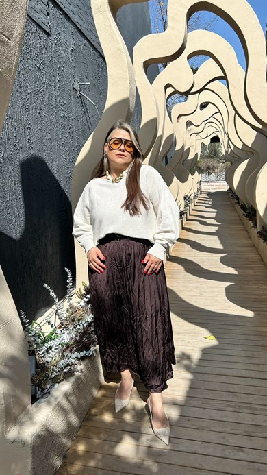 Kahverengi Kırışık Efekt Etek