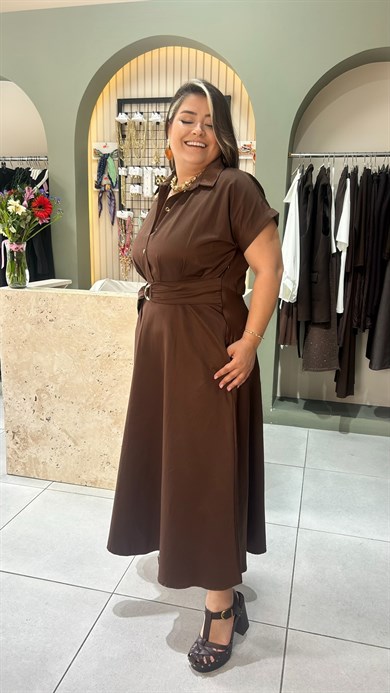 Kahverengi Premium Kemerli Elbise