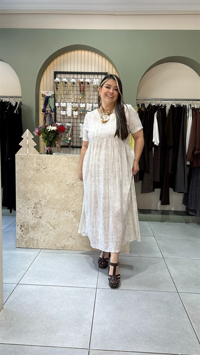 Krem Batik Desen Elbise