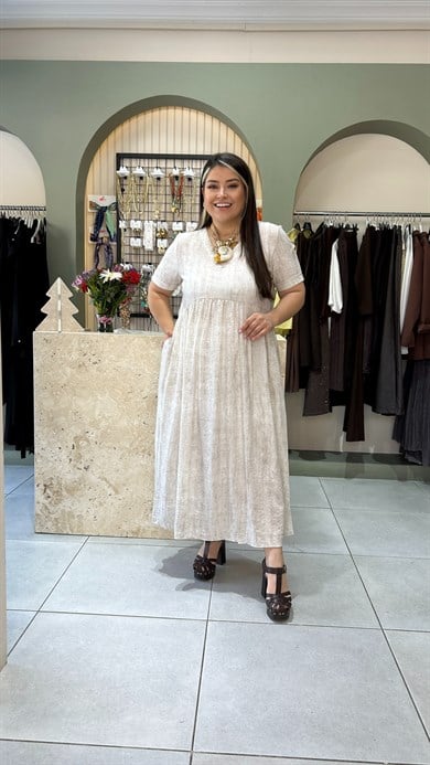 Krem Batik Desen Elbise