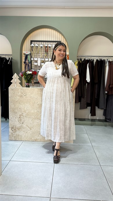 Krem Batik Desen Elbise