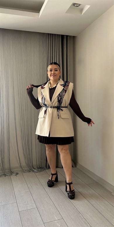 Krem Vatkalı Blazer Yelek