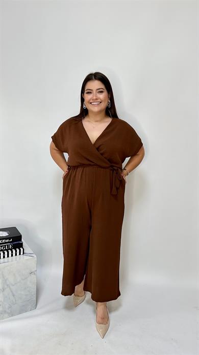 Kruvaze Yaka Kahverengi Tulum 