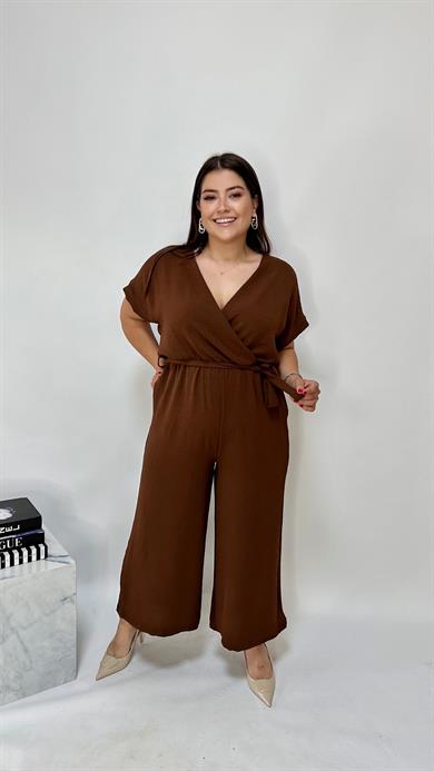 Kruvaze Yaka Kahverengi Tulum 