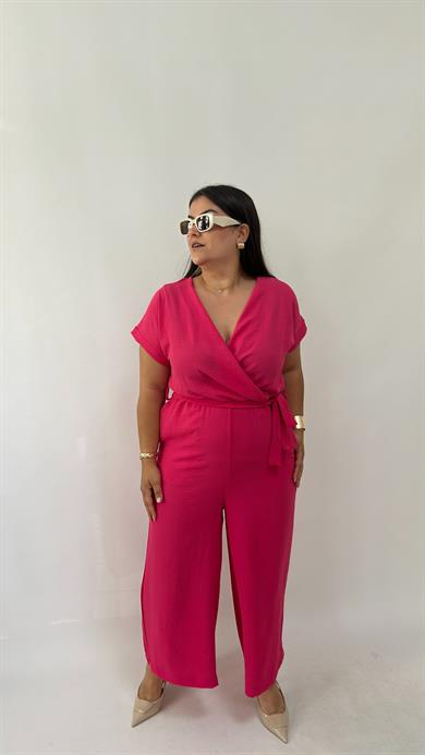 Kruvaze Yaka Pembe Dokuma Tulum 