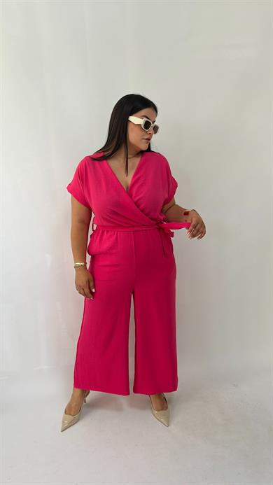 Kruvaze Yaka Pembe Dokuma Tulum 