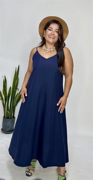 Lacivert Ayarlanabilir Askılı Cupro Elbise