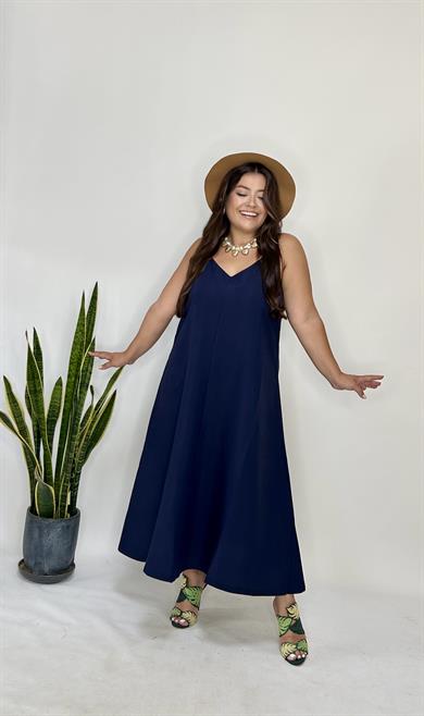 Lacivert Ayarlanabilir Askılı Cupro Elbise