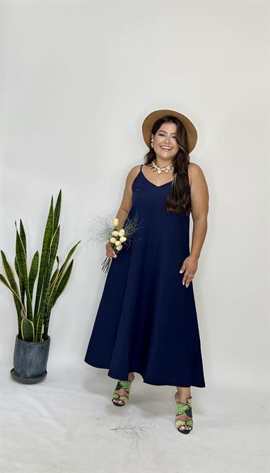 Lacivert Ayarlanabilir Askılı Cupro Elbise