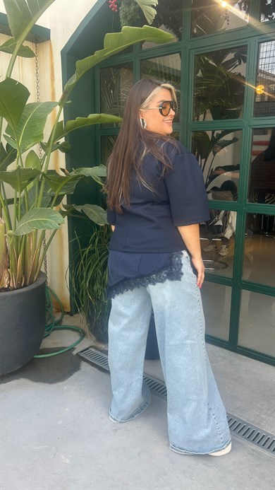 Lacivert Dantel Detaylı Bluz 