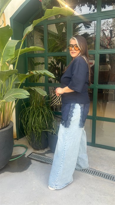 Lacivert Dantel Detaylı Bluz 