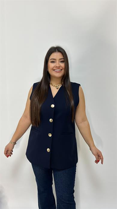 Lacivert Düğme Detaylı Yelek 