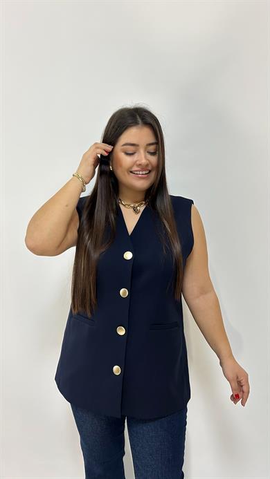 Lacivert Düğme Detaylı Yelek 