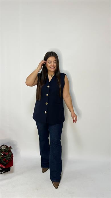 Lacivert Düğme Detaylı Yelek 