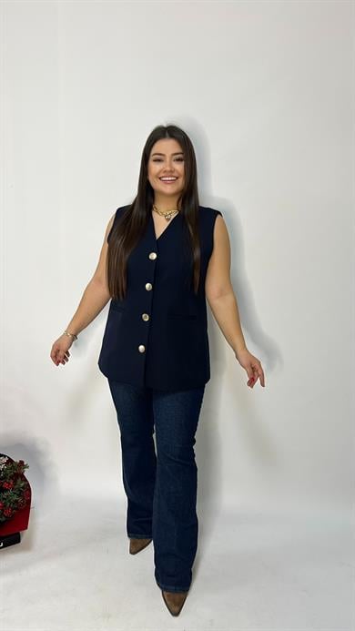 Lacivert Düğme Detaylı Yelek 