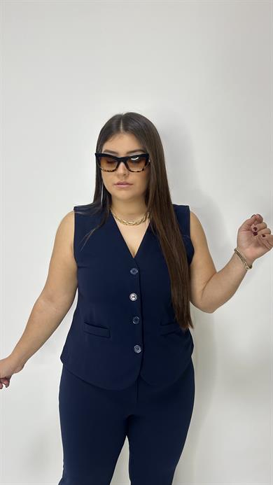 Lacivert Düğmeli V Yaka Yelek 