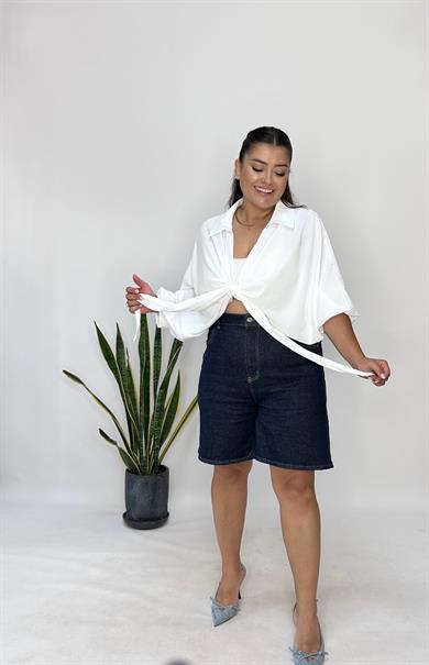 Lacivert Likralı Denim Şort