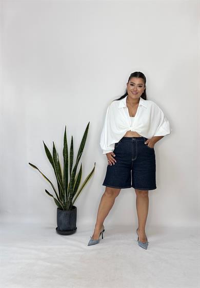 Lacivert Likralı Denim Şort