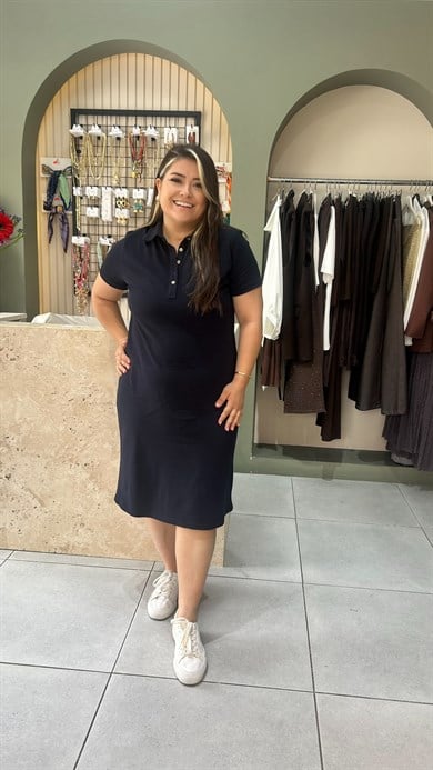 Lacivert  Polo Yaka Elbise 