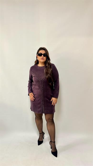 Nubuk Zımba Detay Mürdüm Elbise 