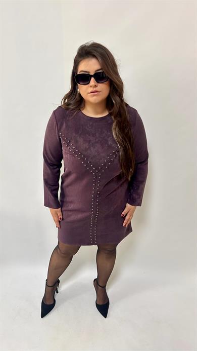 Nubuk Zımba Detay Mürdüm Elbise 