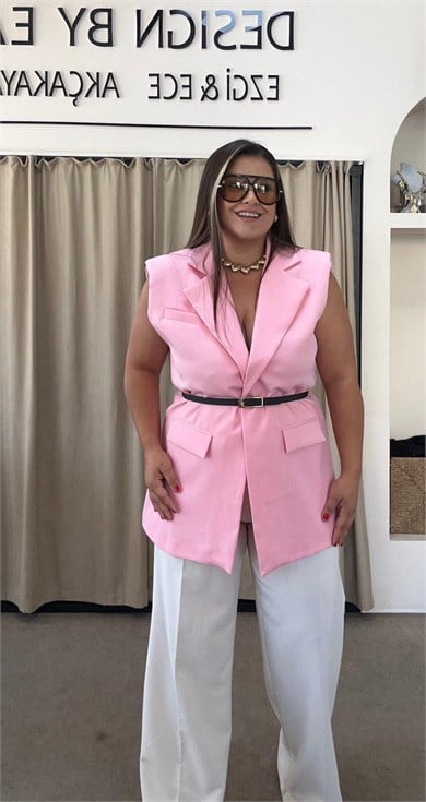Pembe Vatkalı Blazer Yelek