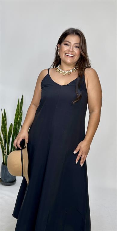 Siyah Ayarlanabilir Askılı Cupro Elbise