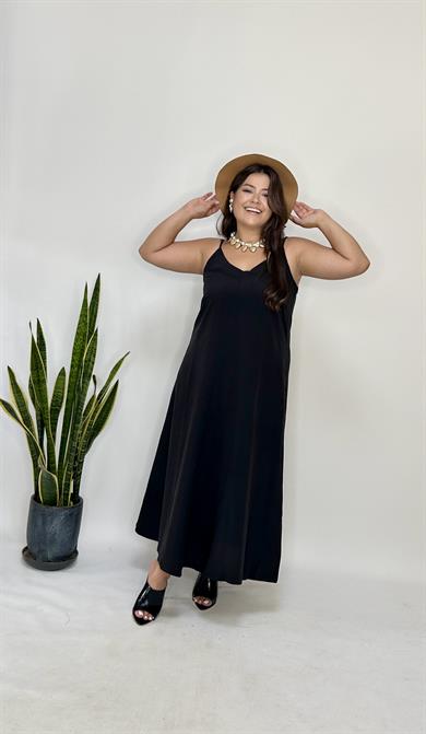 Siyah Ayarlanabilir Askılı Cupro Elbise