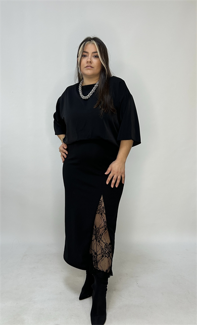 Siyah Dantel Detaylı Etek