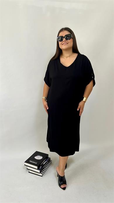 Siyah Dokuma Viskon Elbise 