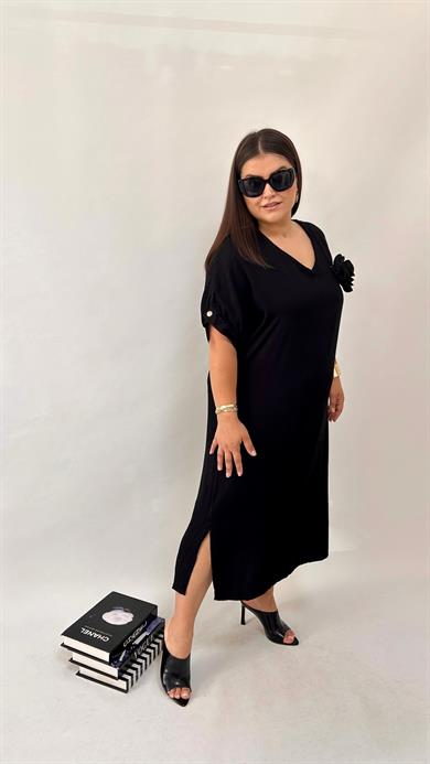 Siyah Dokuma Viskon Elbise 