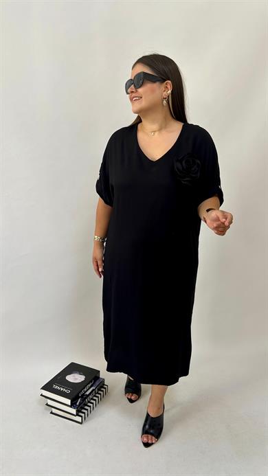 Siyah Dokuma Viskon Elbise 