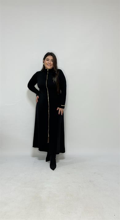 Siyah Fermuarlı Uzun Elbise