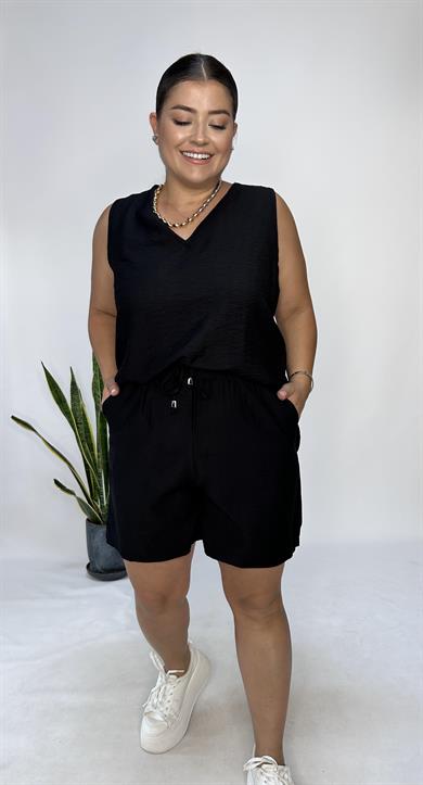 Siyah Keten Karışımlı Şortlu Takım 