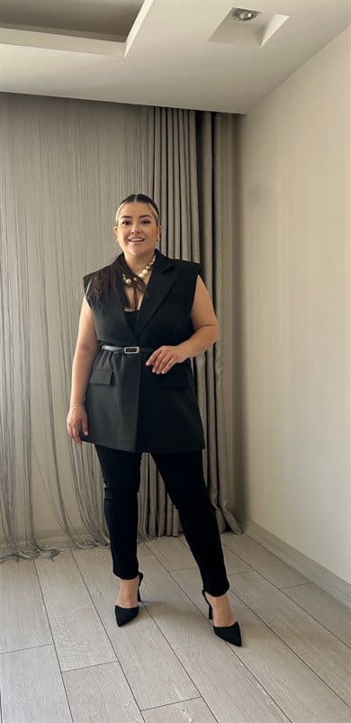 Siyah Vatkalı Blazer Yelek