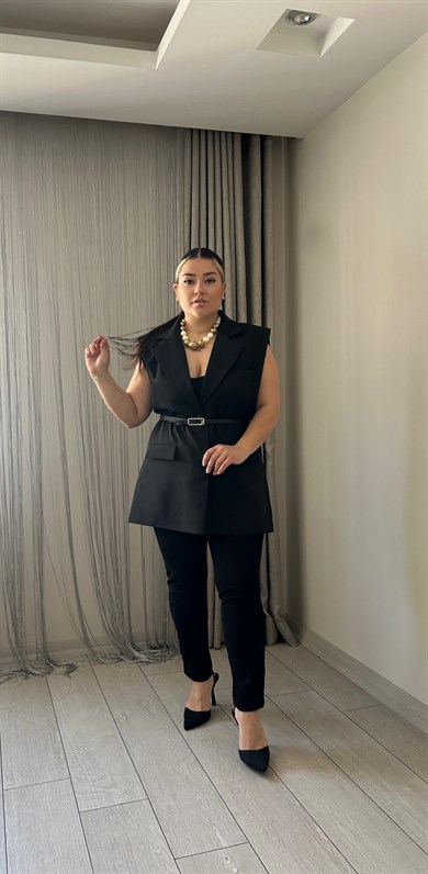 Siyah Vatkalı Blazer Yelek