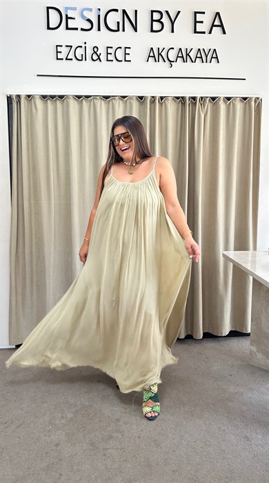 SV9183-Astarlı İp Askılı Yağ Yeşilii Elbise