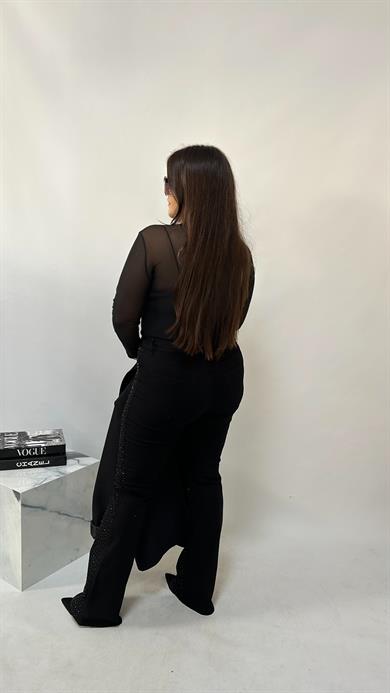 Taşlı Likralı İspanyol Siyah Jean