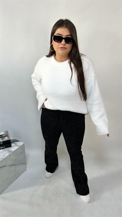 Taşlı Likralı İspanyol Siyah Jean