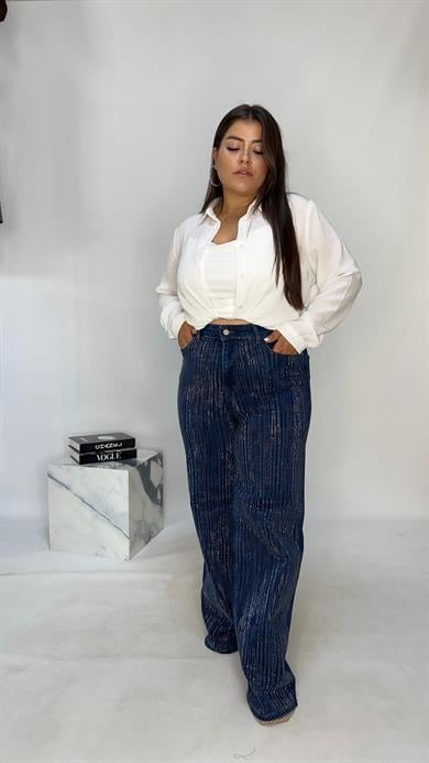 Toparlayıcı Likralı Mavi Taşlı Palazzo Jean 