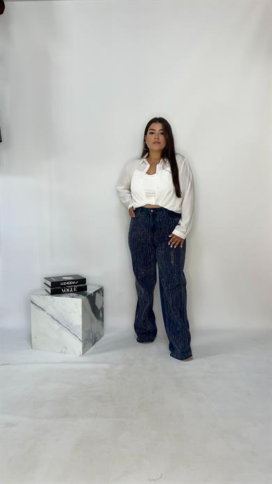 Toparlayıcı Likralı Mavi Taşlı Palazzo Jean 