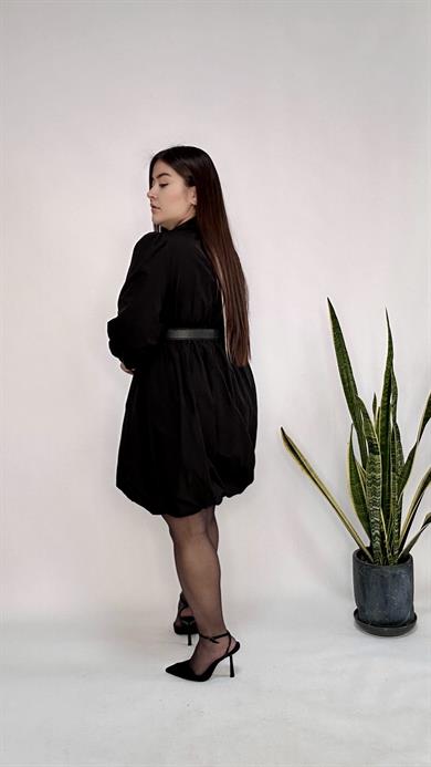 V yaka Belden Lastikli Poplin Elbise