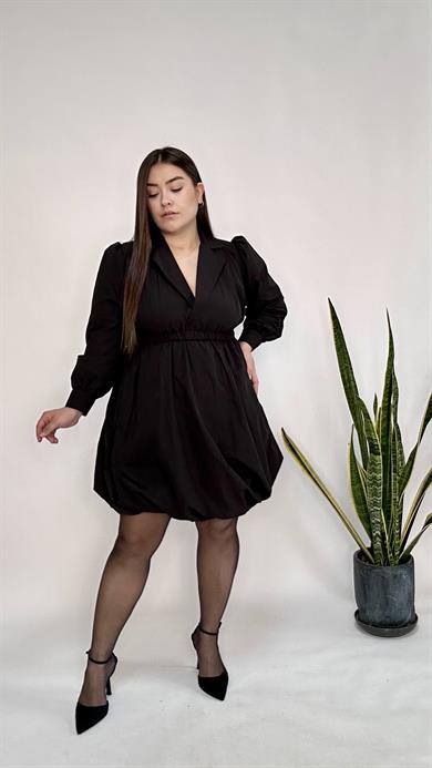 V yaka Belden Lastikli Poplin Elbise