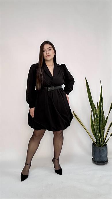 V yaka Belden Lastikli Poplin Elbise