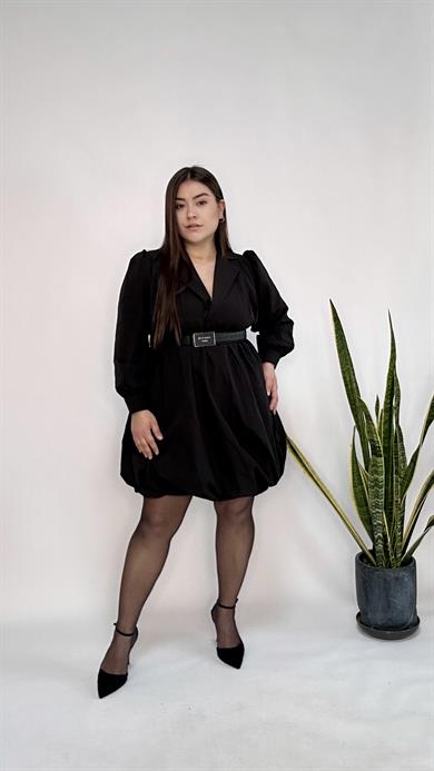 V yaka Belden Lastikli Poplin Elbise